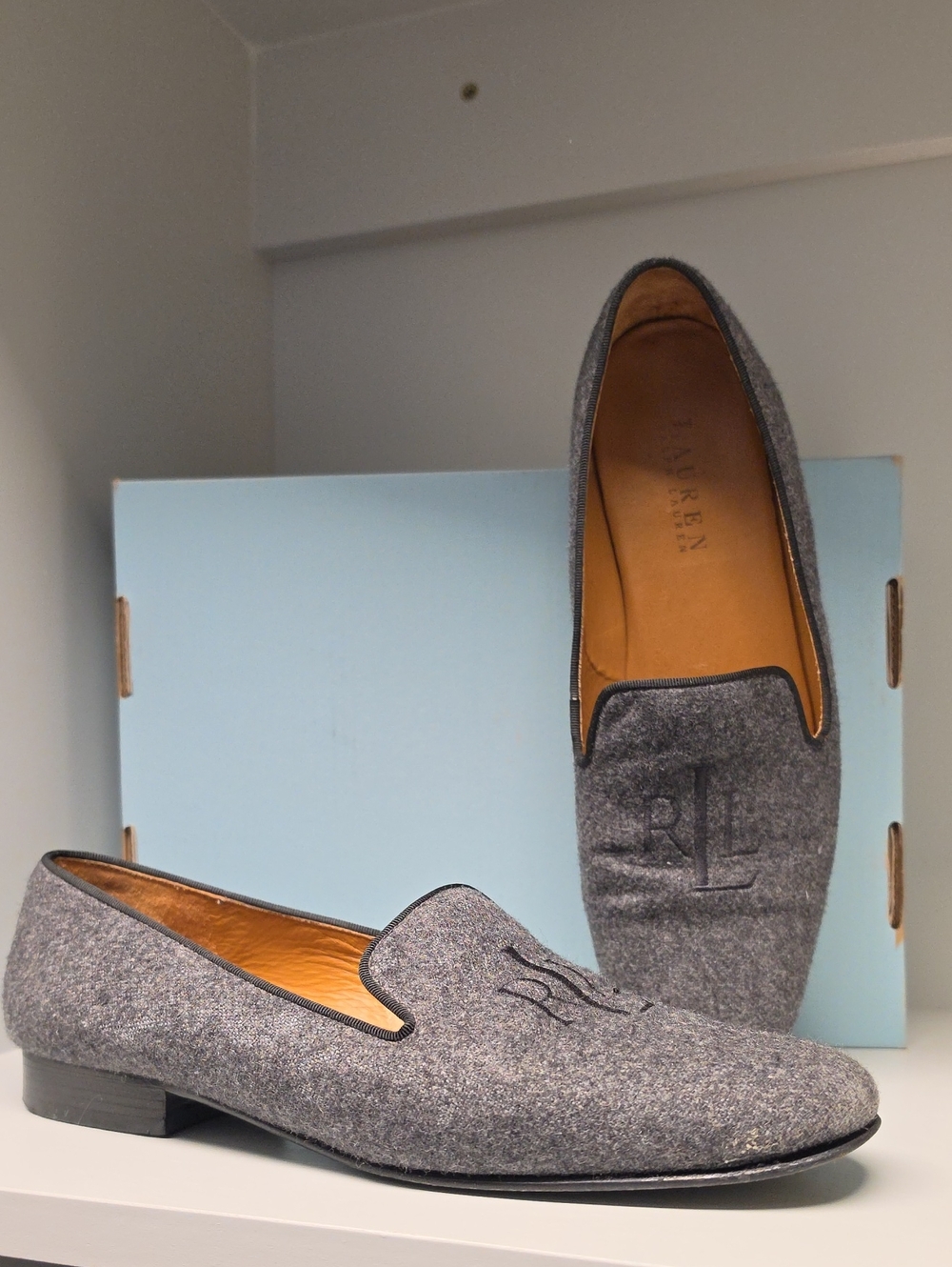 Ralph Lauren Gray Wool Embroidered Slip-On Loafers